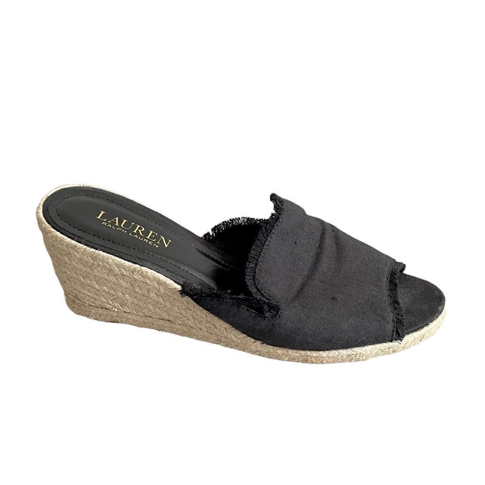 LAUREN RALPH LAUREN Linen Carlynda Wedge Espadrilles Sandals Black 8.5
